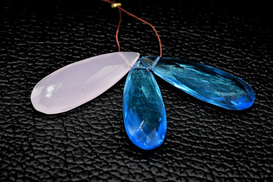 Natural Blue Topaz Long drop Briolettes,Rose Quartz Side drilled Briolette,Long Drop Briolettes,Handmade Topaz Briolette,December Birthstone