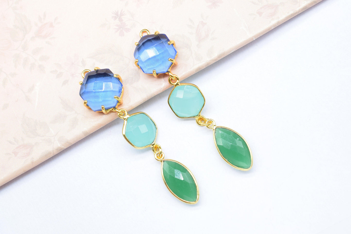 Blue Topaz Prong Bezel Charms Connector/Green Onyx Jewelry/Earring Connector/Station Bezel Link Pendant/Handmade Jewelry/Women jewelry/Gift