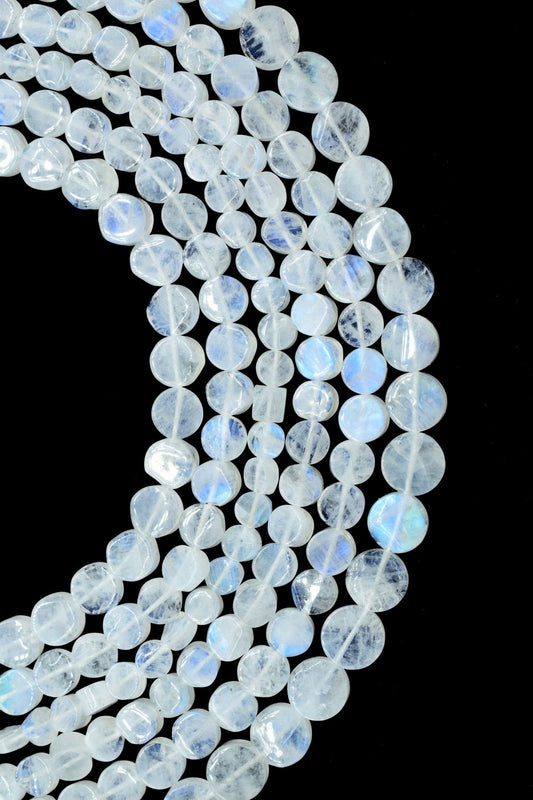 Natural blue Fire Rainbow Moonstone Coin Beads,5-5.5 mm,13" Strand,White Rainbow Moonstone Smooth Coin Gemstone Beads Handmade Rainbow Beads