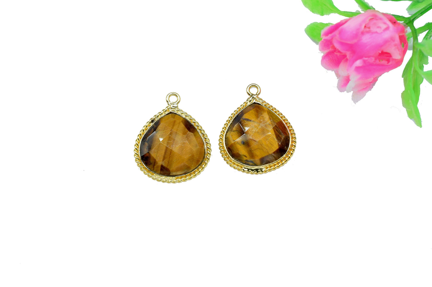 Tiger Eye Faceted Gemstone 14mm Heart Shape connector,Tiger Eye Gold Plating single bail connector,Tiger Eye charms Pendant Jewelry Making