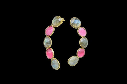 Gemstone Labradorite Earring/Double Stone Earring/Pink Tourmaline Earring/Long Earring/Bridal Earring/Bridesmaid earring/Women Earring/Gift