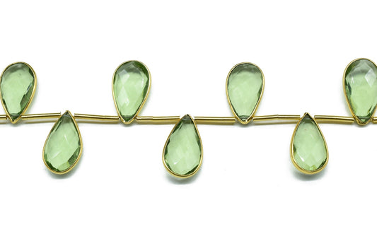 Green Amethyst Side to Side Drilled chrams,Faceted Teardrop Gold Bezel ,pendant,earring findings,connector,Gemstone drilled bezel strand