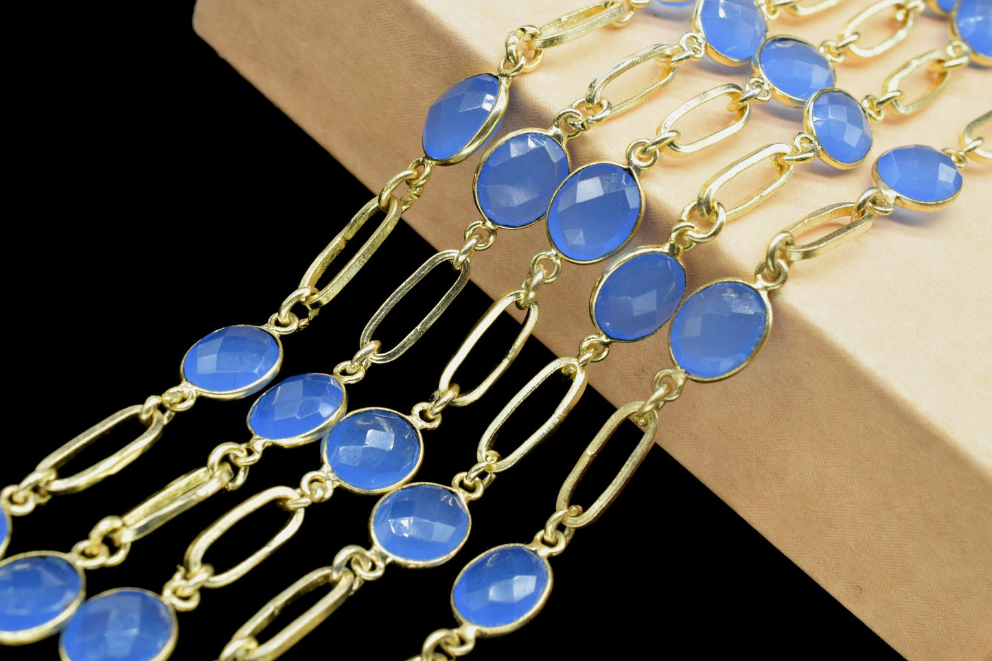 Blue Chalcedony Wire Wrapped Bezel Bead Chain,Link Connector Chain,Chalcedony Bezel ConnectorChain,Gold Plated Gemstone Chain,Bracelet Chain