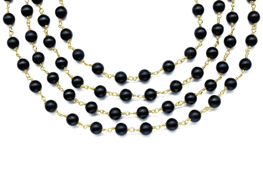 Black Agate Smooth Beads Rosary,black Agate Wire Wrapped Chain By Foot For Necklace,Black Agate 6mm round Shape Handmade Jewelry Making,Gift