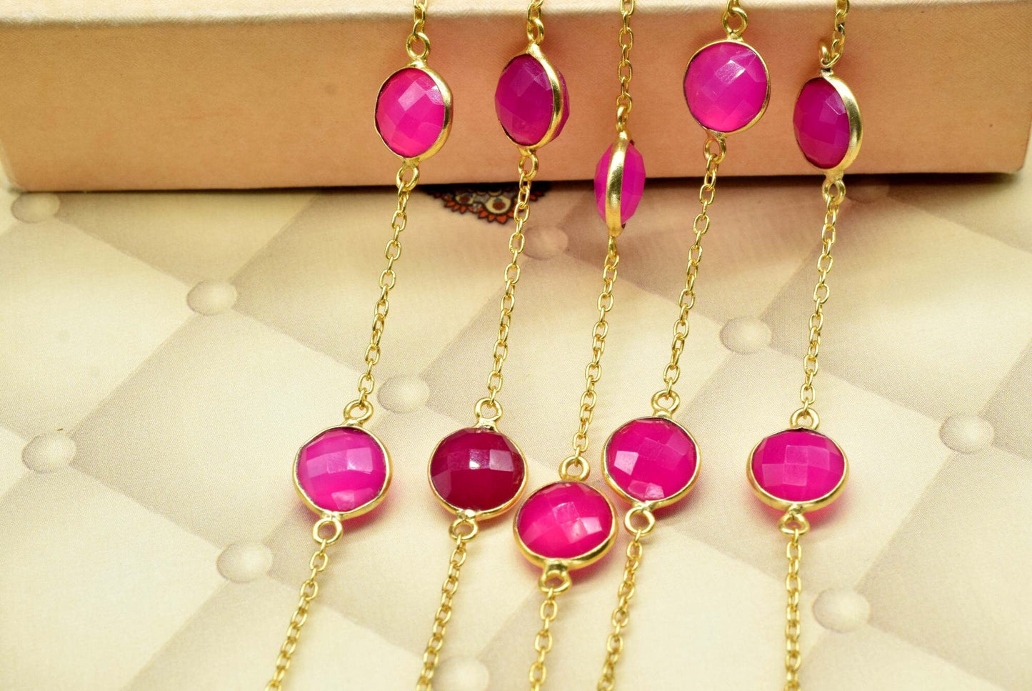 Natural Pink Chalcedony Rosary Bezel Connector Chain/Continuous Chain 10 MM connector Chain for jewelry, Gold Plated Rosary Style,gemstone