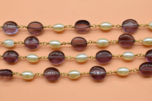 Amethyst And Pearl Beaded Rosary Chain, Gold Plated Wire Wrapped chain by foot, Diy Jewelry Making Beaded Chain, New Designer Jewelry Chain