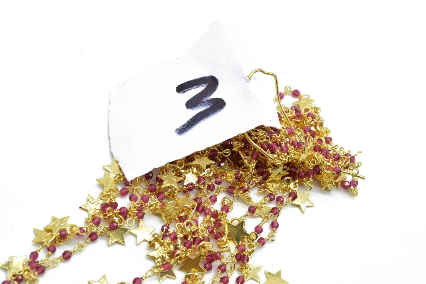 Garnet 2mm Beaded & Star Charm Chain,Garnet Rosary Chains,Garnet Gold Plating Wire Wrap Chain,Garnet Brass chain,Garnet Jewelry Making Chain