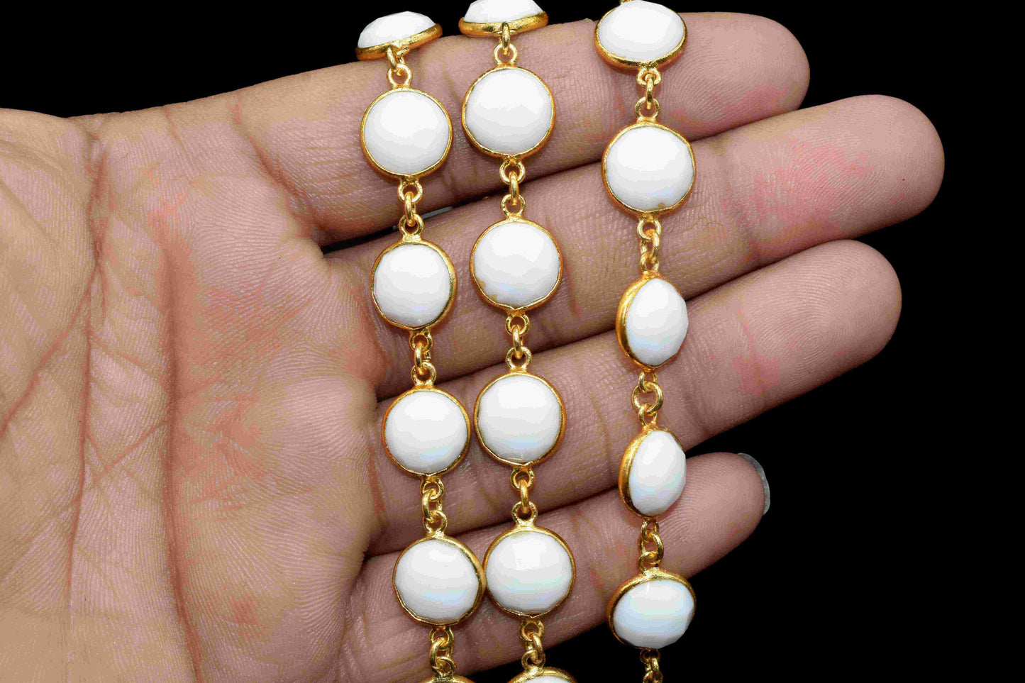 White Agate Gemstone 10mm Round Shape Bezel Chain,White Agate Gemstone Gold Plating Bezels Link Chain,White Agate One Side Cut Jewelry,Gift
