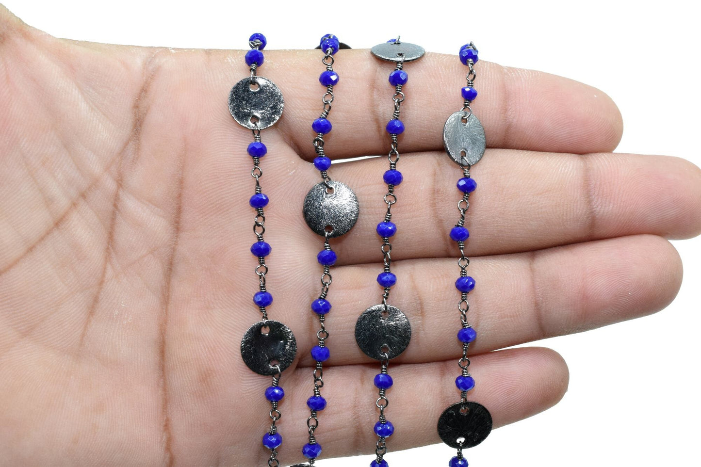 Blue Sapphire Beaded Chain 3mm-3.5mm Rosary Chain, Gold Plated Wire Wrapped Chain,charms chain,coin charms,sapphire charms,blue color chain