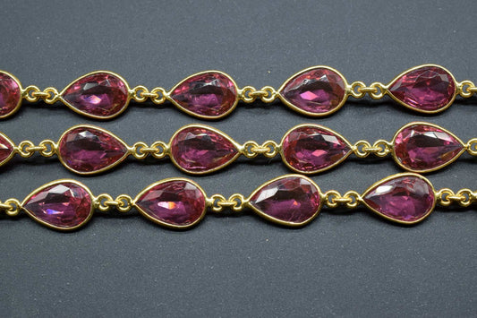 Pink Tourmaline Bezel Connector Chain,Gold Plated Gemstone Chain, Bracelet Chain, pear shape Connectors,Pink Tourmaline Connector Chain