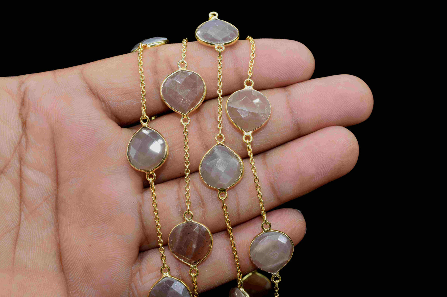 Peach Moonstone 12mm Heart Shape Bezel Chain,Peach Moonstone Connectors Link Chain,Handmade Bezel Link Chain,Gold Plated Bezel Link Chain