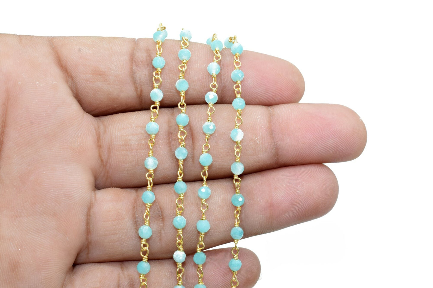 Amazonite 3mm Beaded Chain,Beaded Rosary Chain,Round,,Wrapped Brass Wire,Necklace,Bracelet,Handmade Jewelry, Finding Necklace Chain In Brass