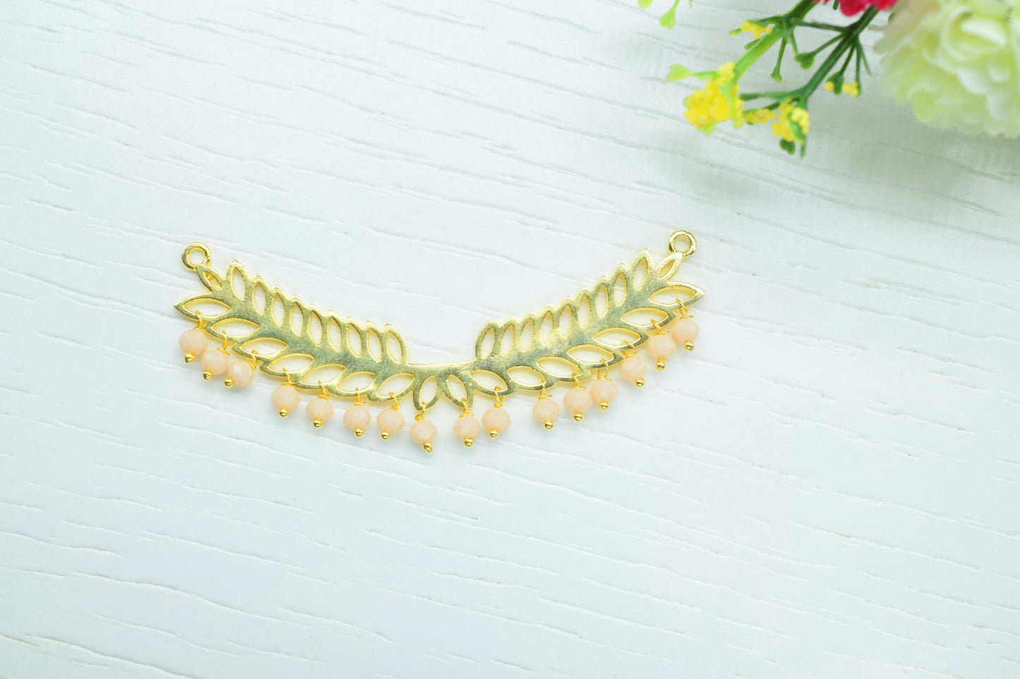 Peach Moonstone Double bail charms,Wedding Hair Vine Connector,Gemstone Leaf Pendant Necklace,bead Bar Leaf Charm,Component Handmade jewelry