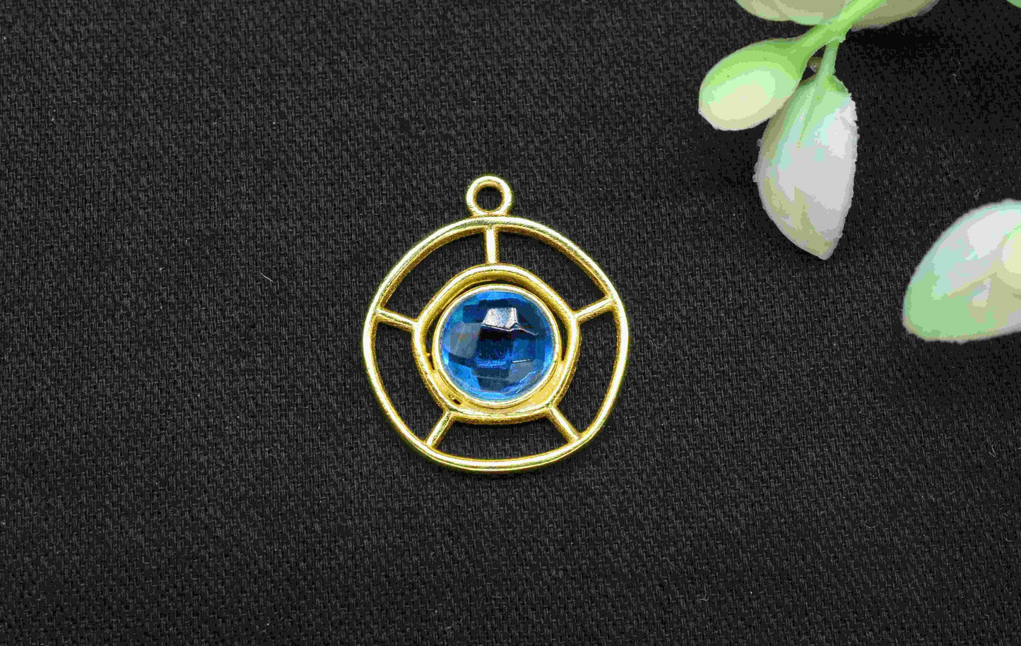 Blue Topaz Gemstone Component , Single Bail Charm , Blue Topaz Connector Pendant , Gold Plated Connectors , Earring Component