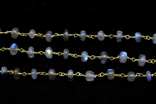 Labradorite 6mm Smooth rondelle Beaded Chain,Labradorite Gold Rosary Chain,Gemstone Chains By the Foot for Rosary Necklace,Rosary Roll Bulk