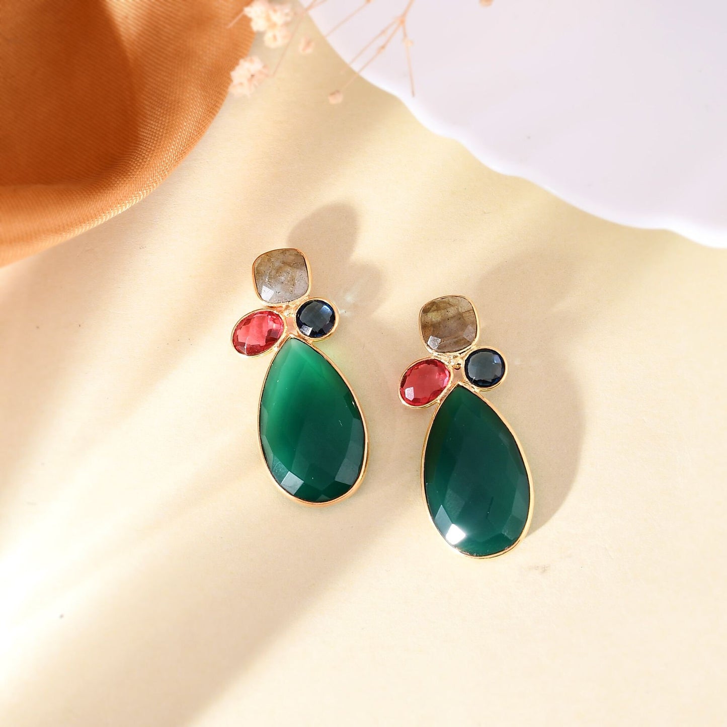 Multi Gemstone Earring/Labradorite Earring/Handmade Earring/Green Onyx Earring/Pink Tourmaline Earring/Kyaite Jewelry/Gold Plated Earring
