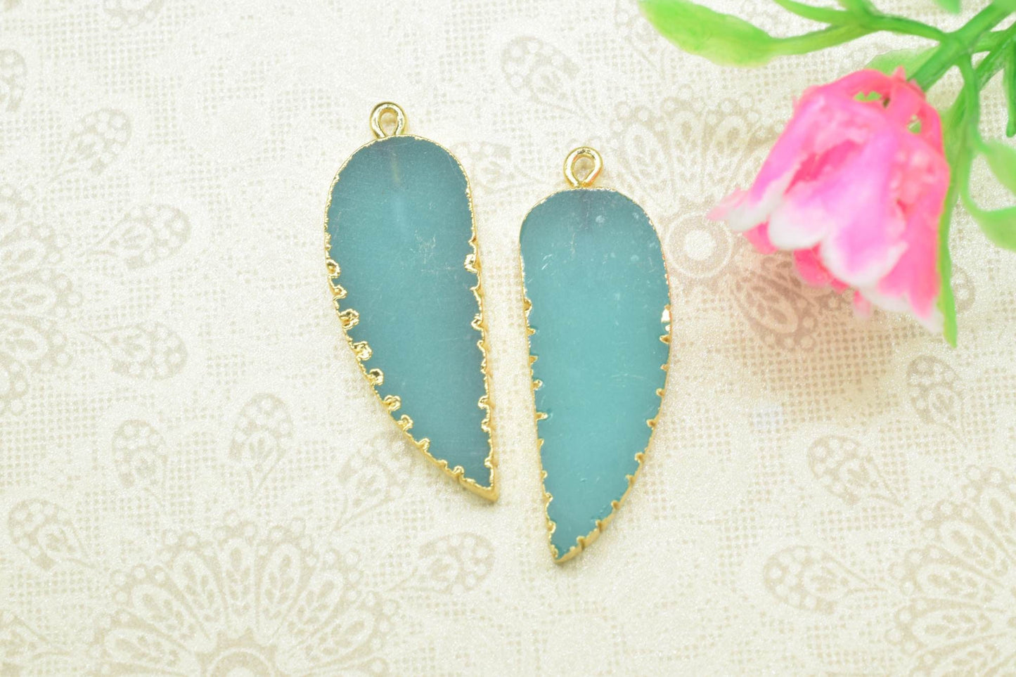 Aqua Chalcedony Angel Wings Pendants,Handmade Leaf Shape Connector,Aqua Quartz Connectors Jewelry,Single Bail,Gemstone Leaf Pendant Necklace