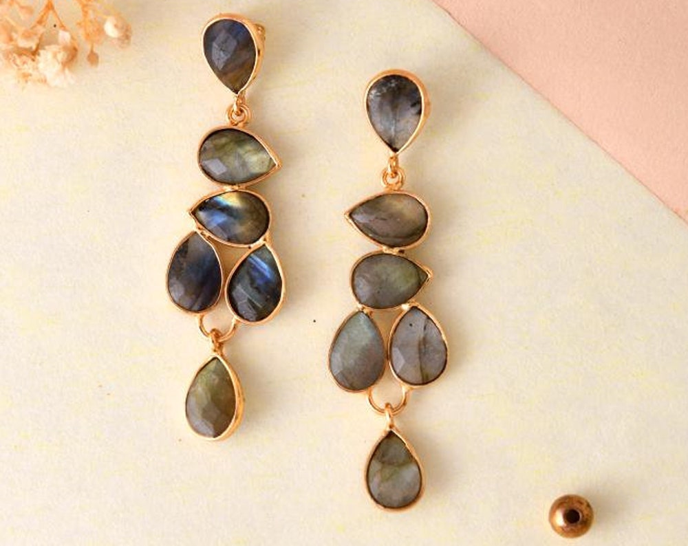 Labradorite Gold Plated Teardrop Earrings