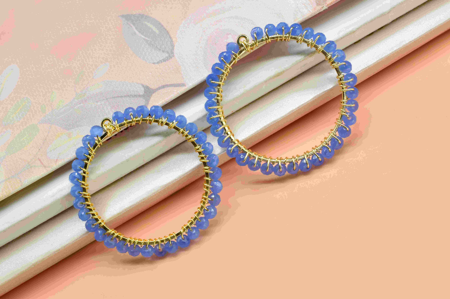 Blue Quartz Beaded Hoops Earring, Handmade Earring, Wire Wrapped Dangle Connector, Circle Pendant Component,Finding Component Quartz Jewelry