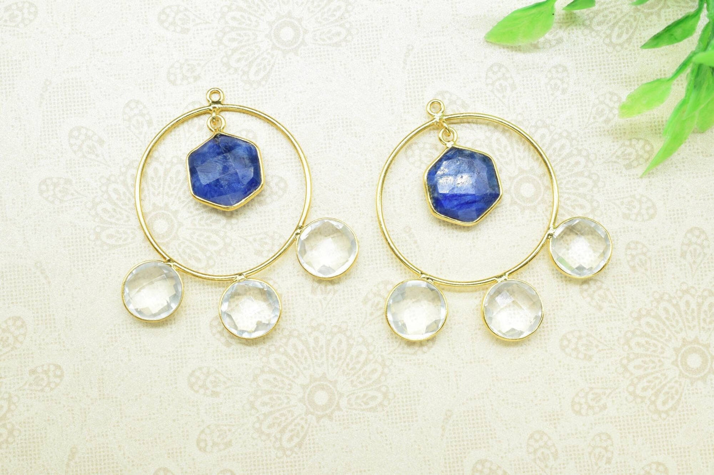 Blue Sapphire Dangle Component Earring,chandelier Earring,Crystal Earring,Connector jewelry,Gemstone Component,Finding Round Earring,gift