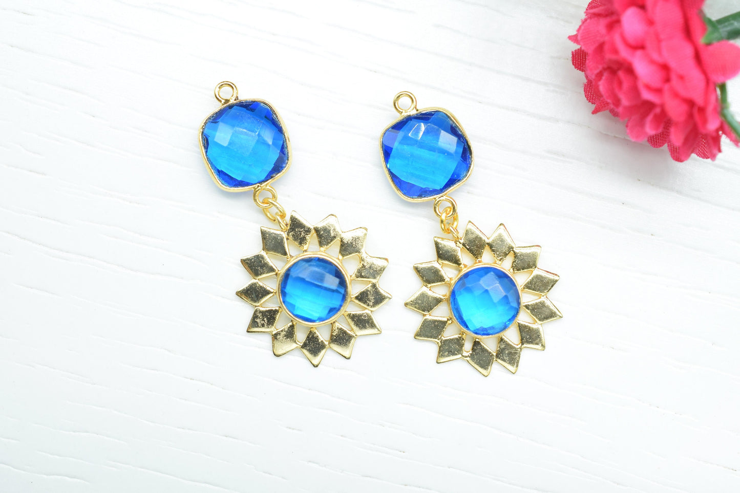 Blue Topaz Bezel Charms/Station Bezel Link Pendant/Prong Bezel Jewelry/Earring Connector/Handmade Jewelry/Blue Topaz Pendant/B'day Gift