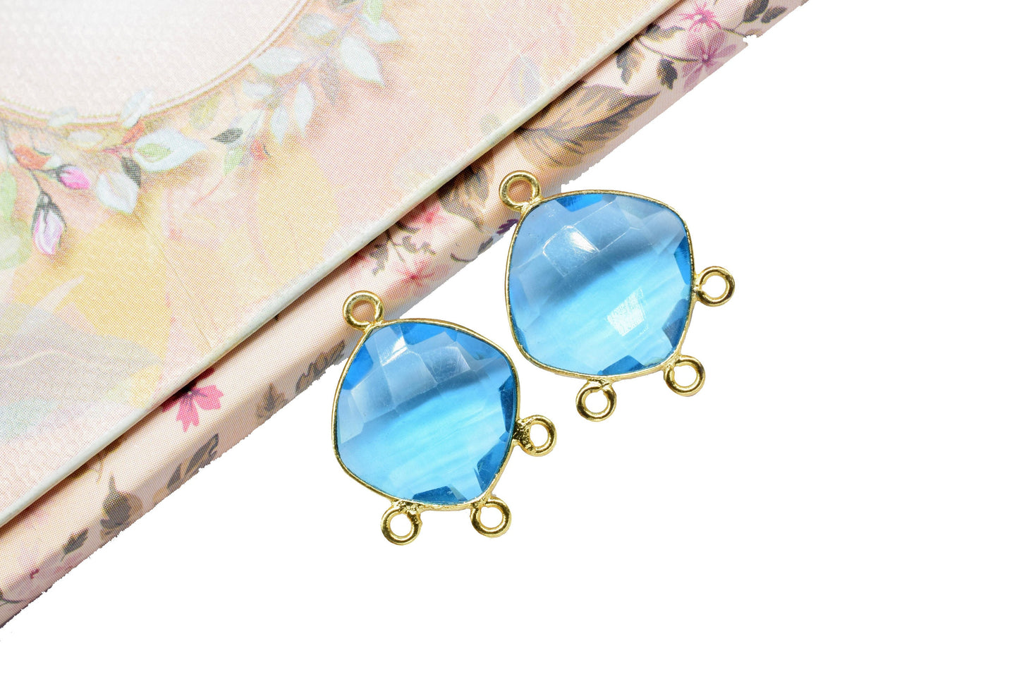 Blue Topaz Charms,Blue Topaz Gemstone 14mm Square Shape Charms,Topaz Faceted Gemstone Bezel Jewelry,Topaz Gold Plated Single Bail Connector