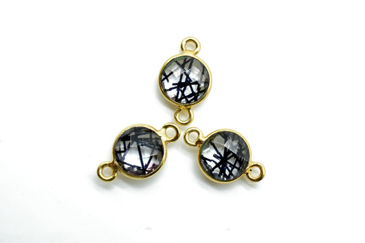 Black Rutile 8mm double bail connector,Black Rutile Pendant,Black Rutile Round Gold Plated bezel,jewelry making charm,Brass Rutile connector