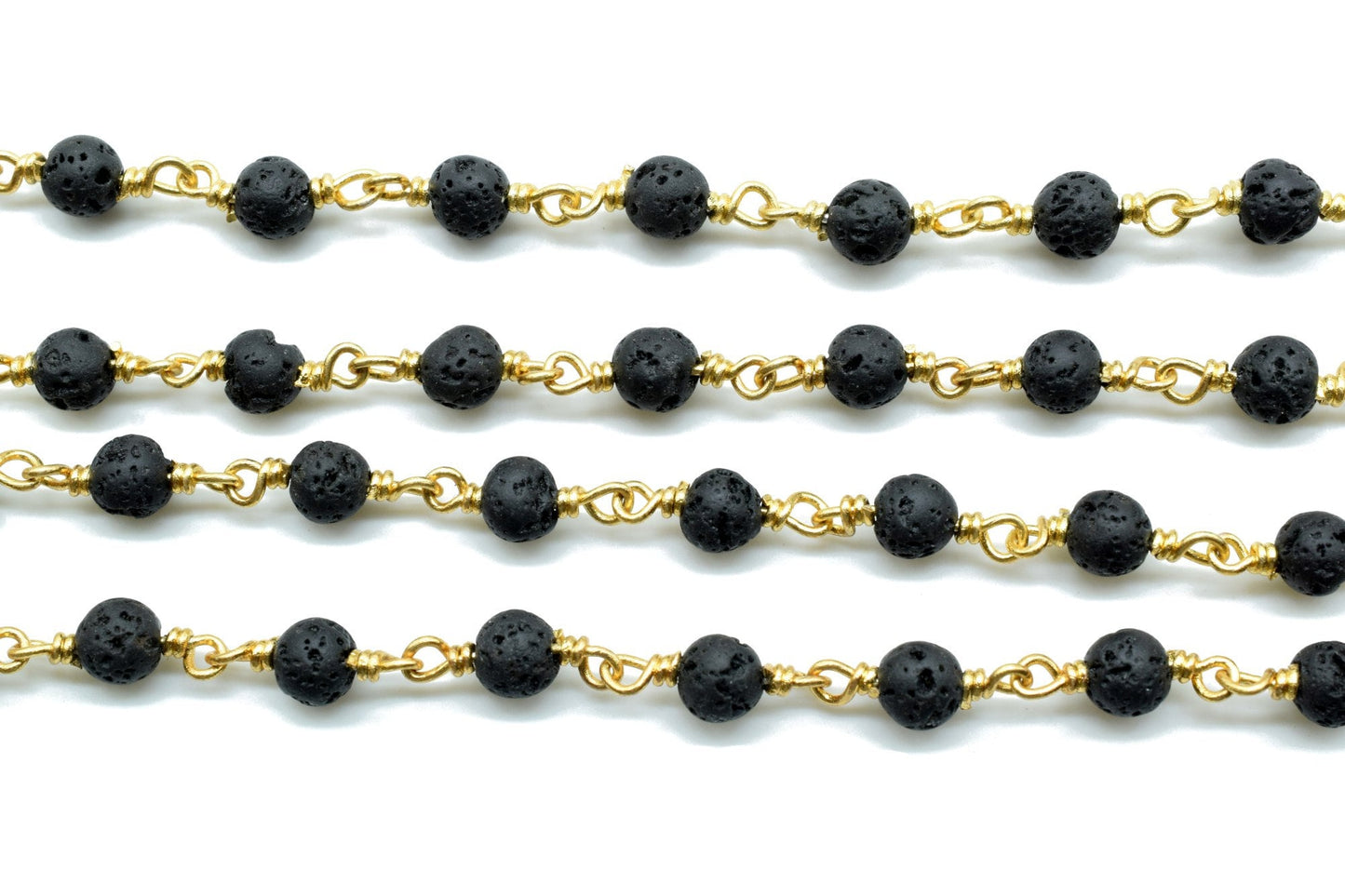 Black Lava Rock 4mm Round Beaded Wire Wrapped gold Polished Plated Chain - Beaded Chain,Black Lava Rosary Chain,Delicate Rosary Beaded Chain
