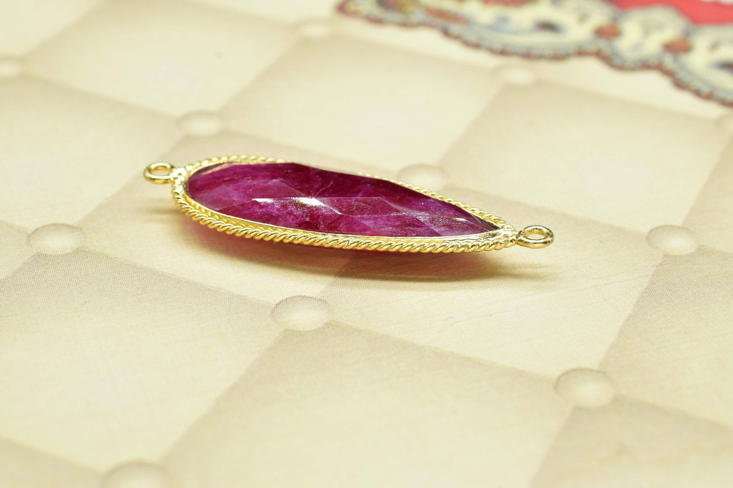 Ruby Gemstone 10x30mm Teardrop Shape Connector,Ruby Handmade Connector Jewelry,Ruby Double Bail Jewelry,Ruby Gold Plating Charms Connectors