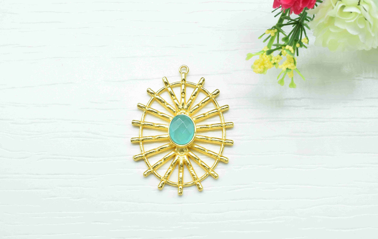 Aqua Chalcedony Gemstone Component,Single Bail Charm, Chalcedony Connector Pendant, Gold Plated Connectors,Pendant Jewelry,Earring Component