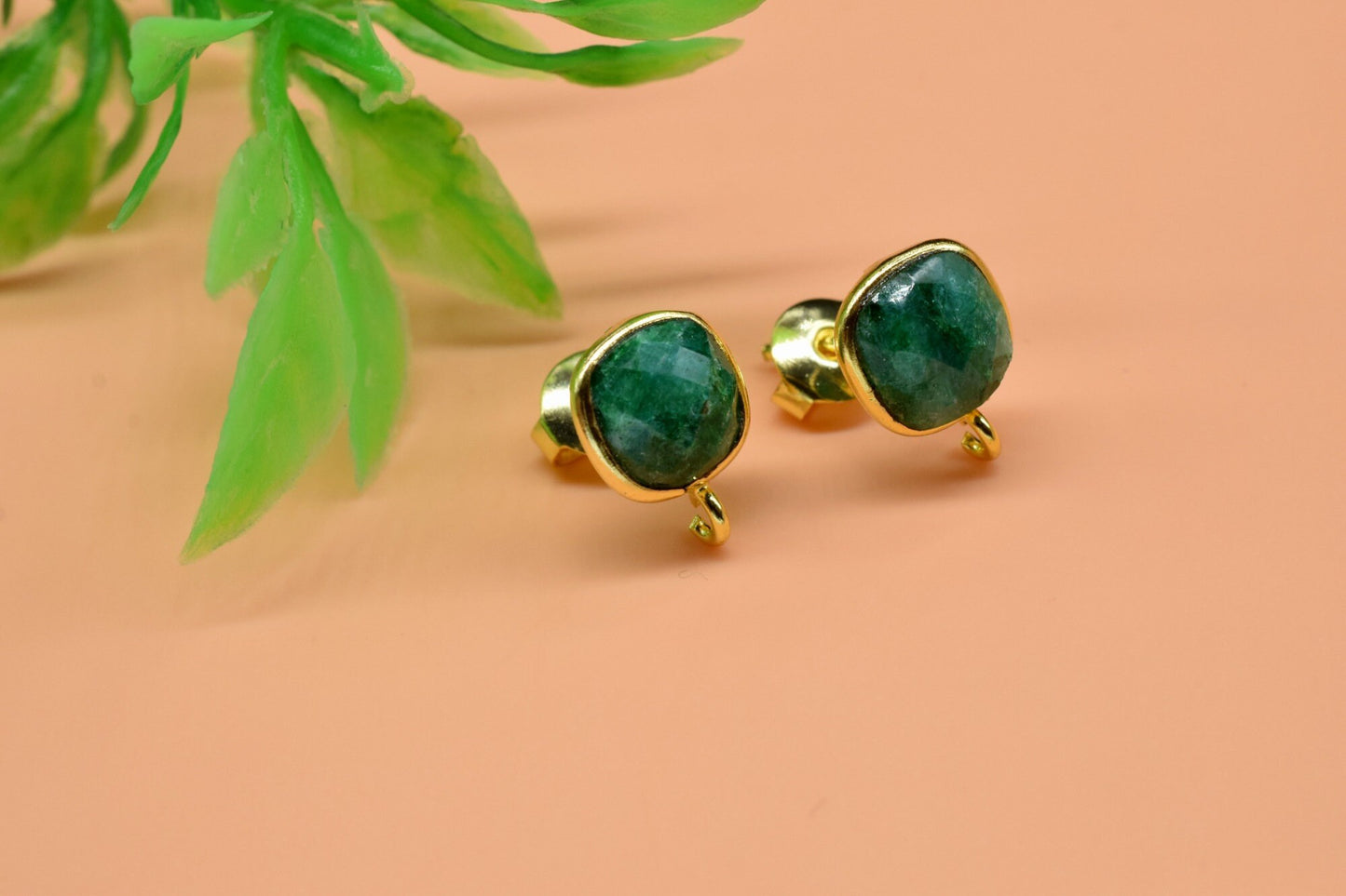 Emerald 8mm Cushion Earring Connector,Jewelry Making Supply,Emerald connectors post studs,Gold Plated Earring Connector,Emerald Studs links