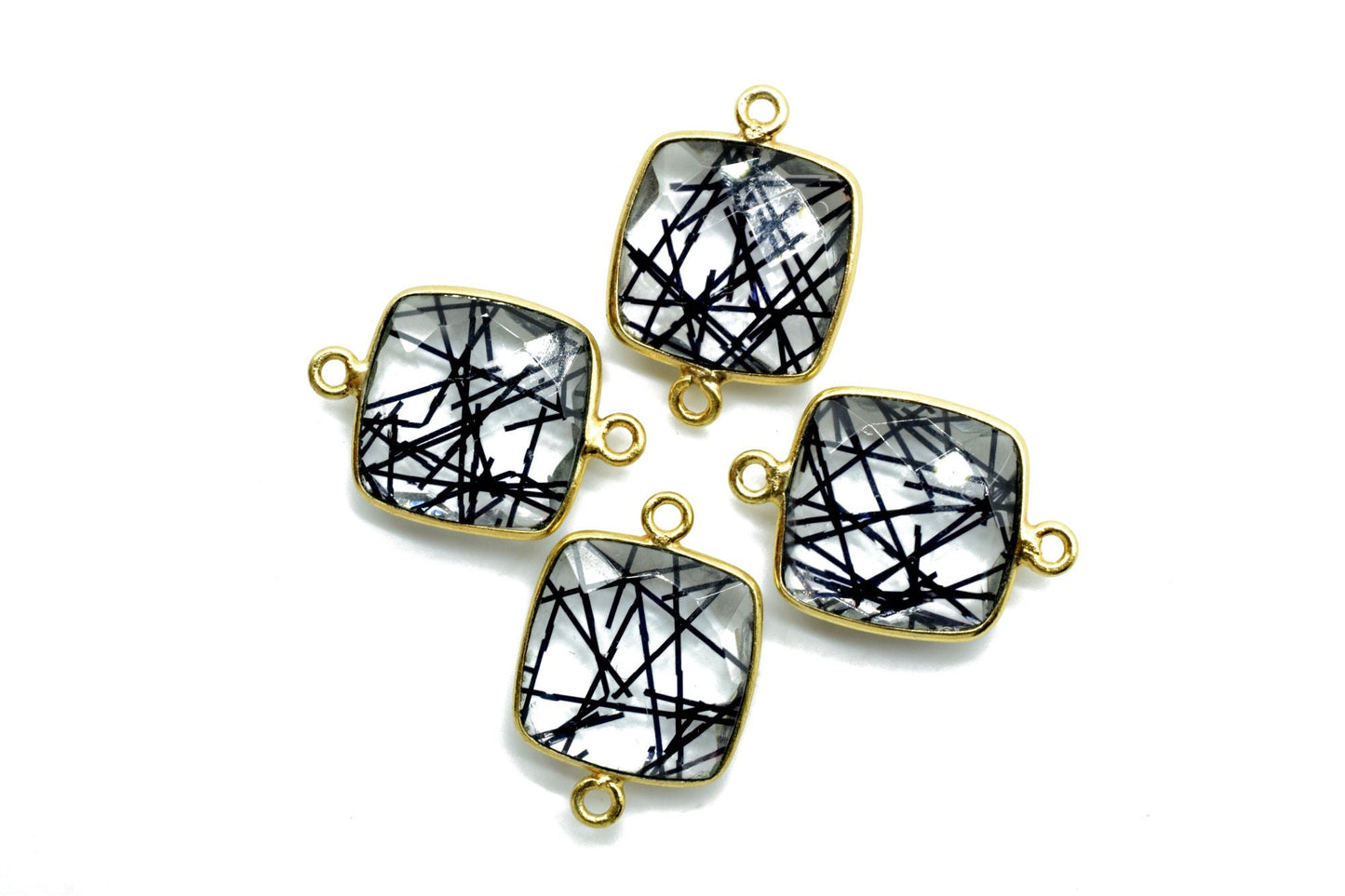 Black Rutile 14mm Cushion double bail connectors,Black Rutile Components, Cushion dual loop Connectors,Black Rutile Brass Gold Edge Jewelry