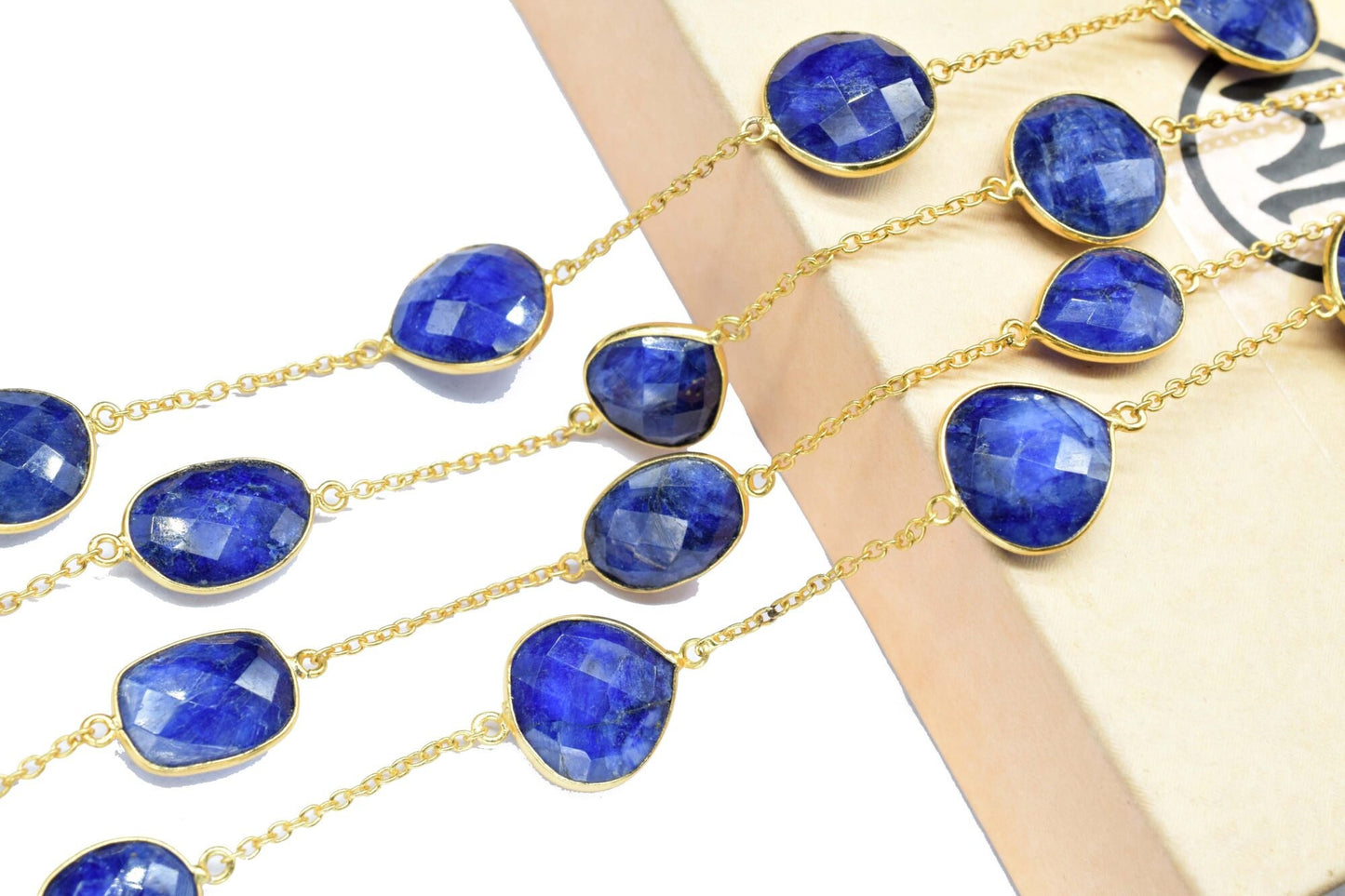 Blue Sapphire Faceted Bezel Connector, Sapphire Bezel Chain, Free Size Gemstone Connector, Jewelry Making Chain, Blue Sapphire Bezel Jewelry