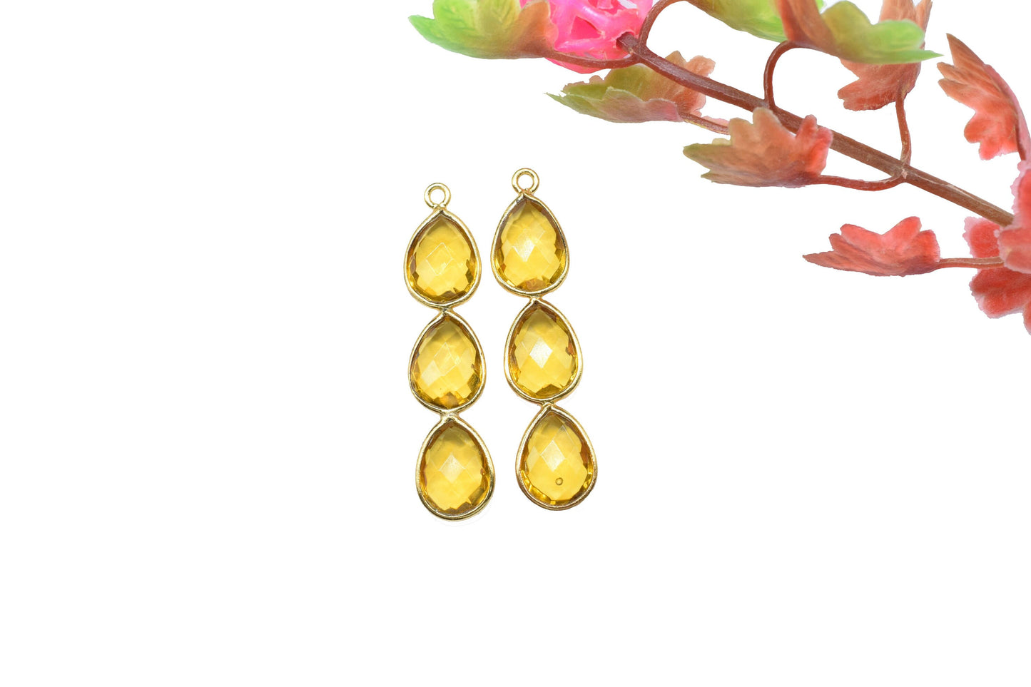 Three Stone Bezel Pendants,Gemstone Teardrop Charms,Handmade Beads Jewelry,Components Earring Connector,Single bail Station Bezel Link,Gift