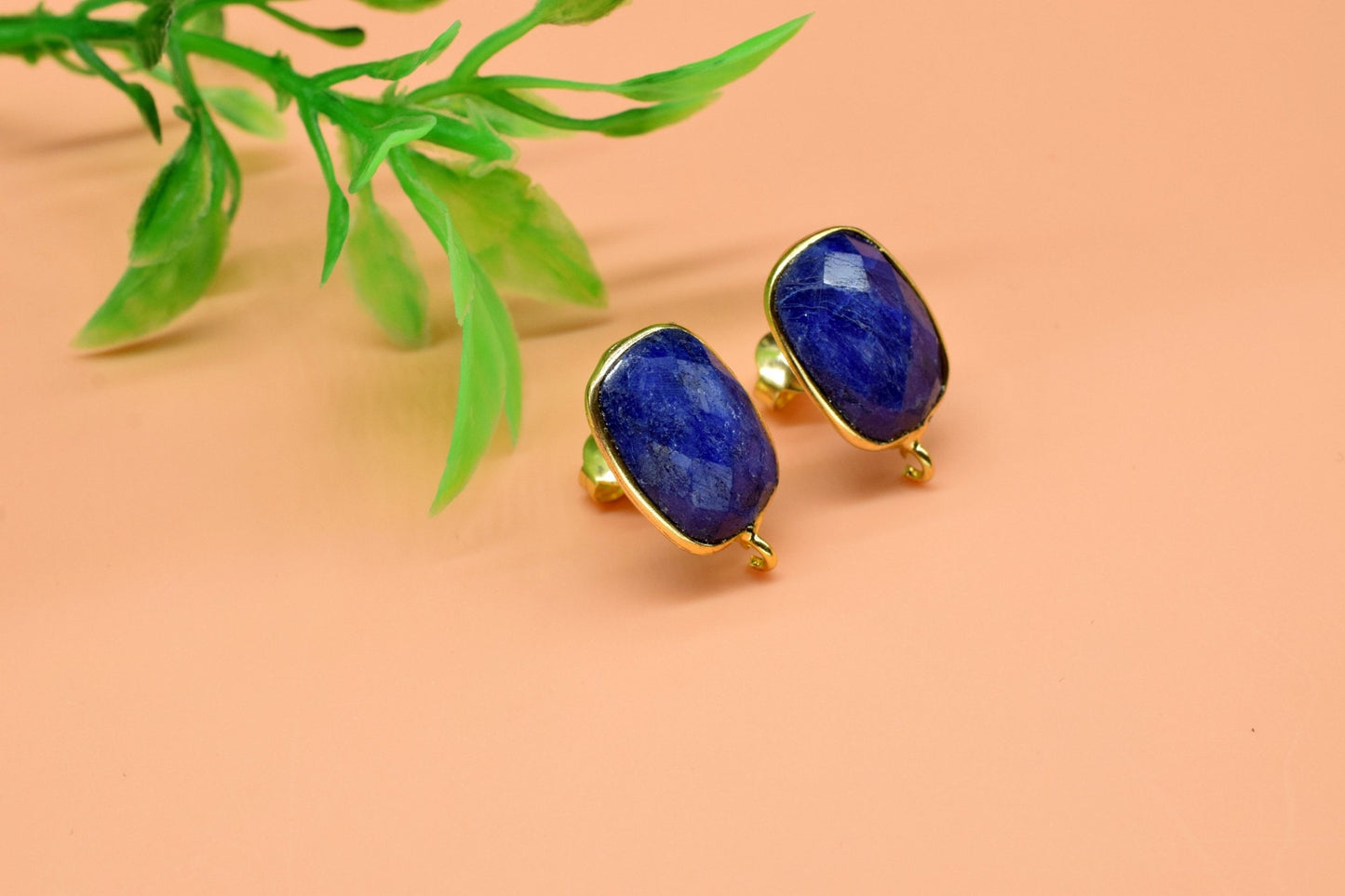 Blue Sapphire 12x16mm rectangle Earring Connector,Jewelry Making,Sapphire Connector post stud,Gold Plated Earring Connector,Rectangle Studs