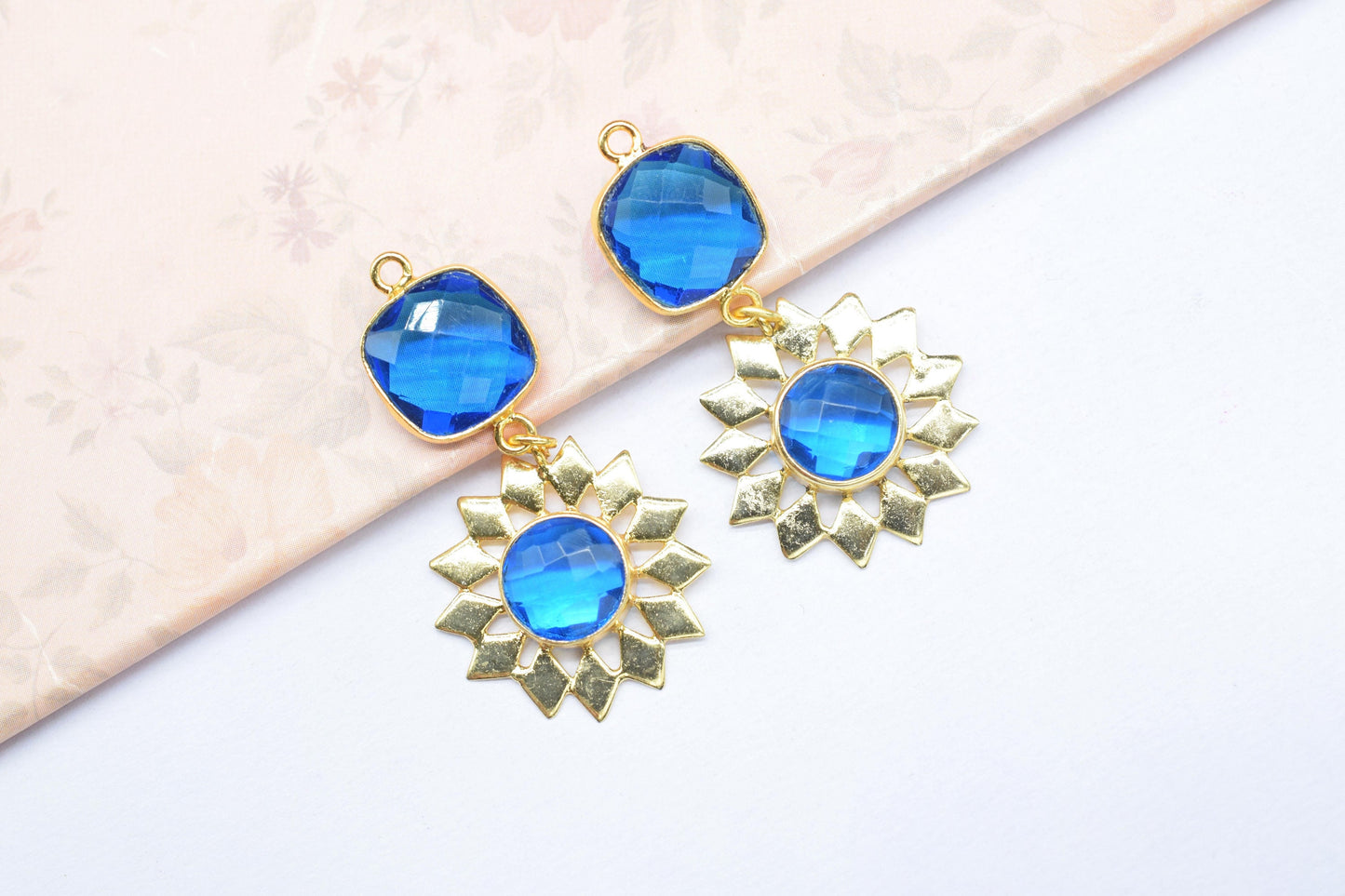 Blue Topaz Bezel Charms/Station Bezel Link Pendant/Prong Bezel Jewelry/Earring Connector/Handmade Jewelry/Blue Topaz Pendant/B'day Gift