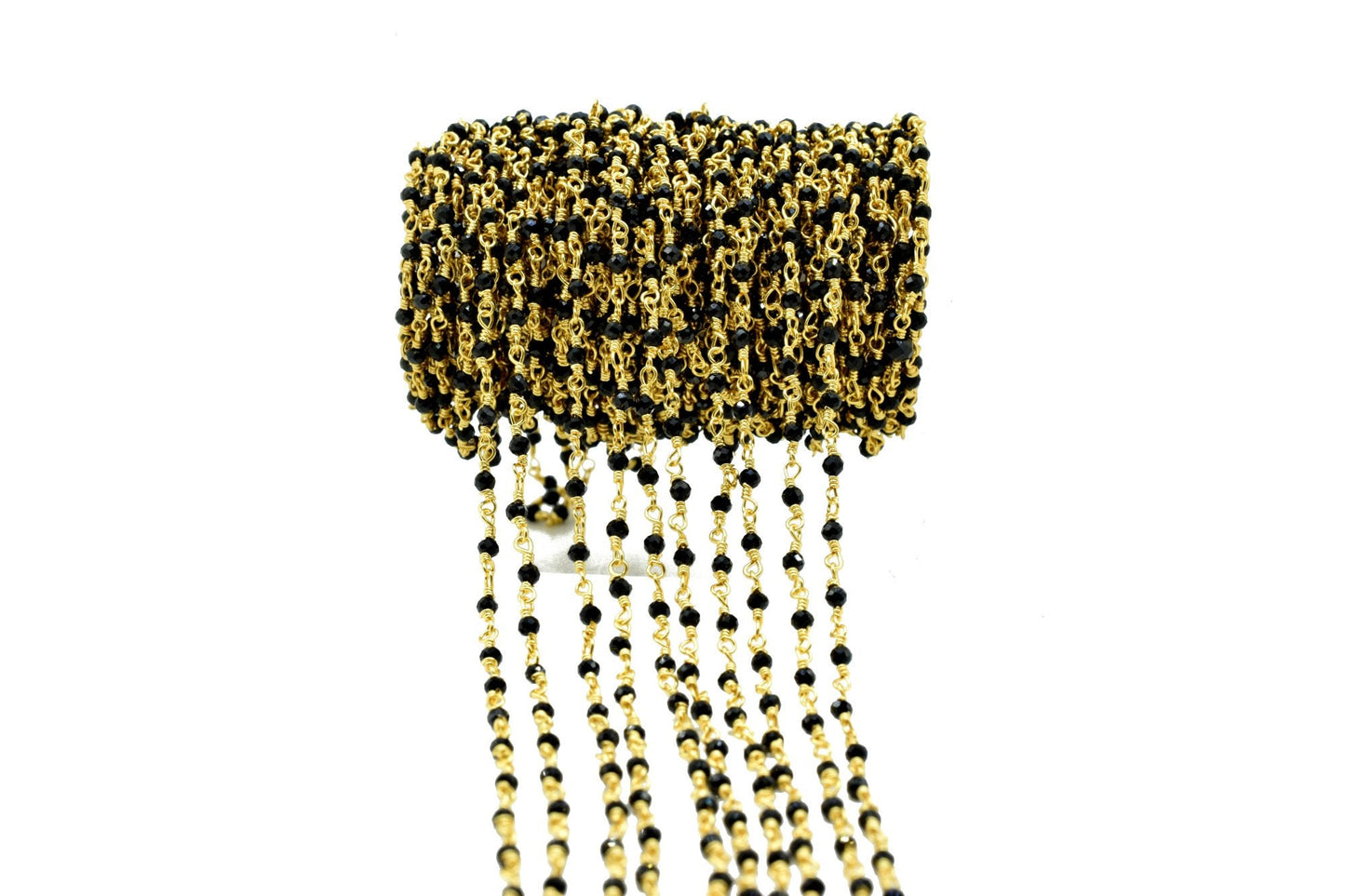Black Spinel 2mm Rosary Style Beaded Chain, Black Spinel Faceted Beads Wire Wrapped Chain,Brass chains,Jewelry Making Chains,2mm Beads Chain