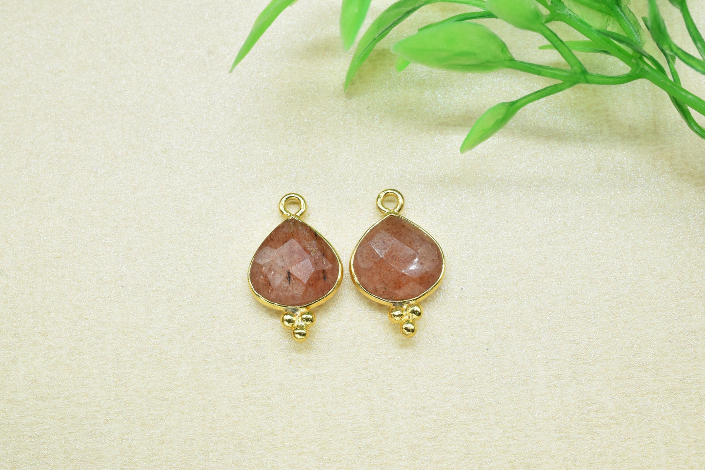 Pink Strawberry Gemstone 10mm Heart shape Pendant,Strawberry Faceted Connector Jewelry,Pink Strawberry Gold Plated Single Bail bezels,Gift
