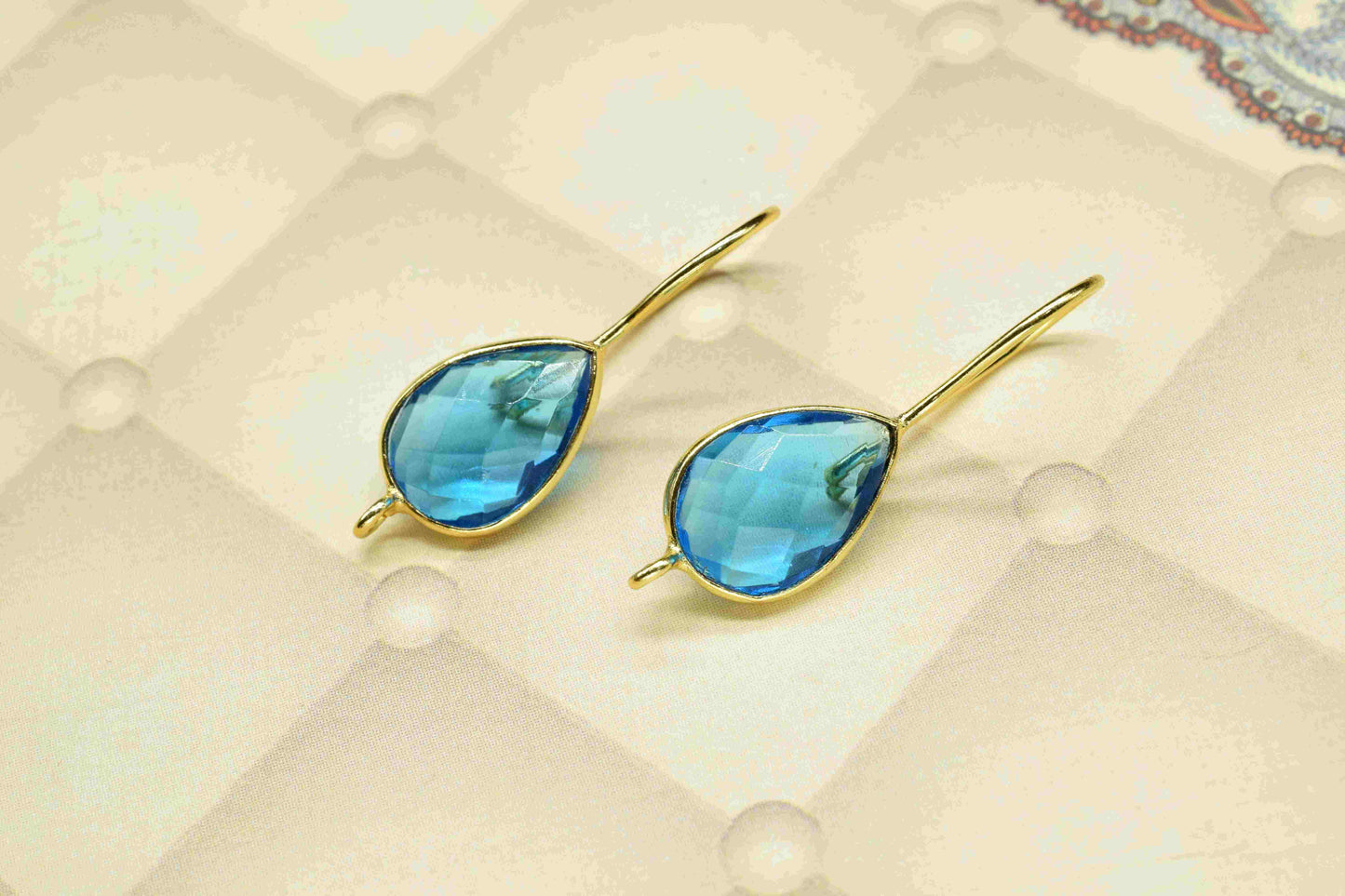 Blue Topaz 9x13mm Teardrop Connector,Blue Topaz Gemstone Component,Blue Topaz Bezels Charms,Blue Topaz Connector,Blue Topaz Earring, Gift