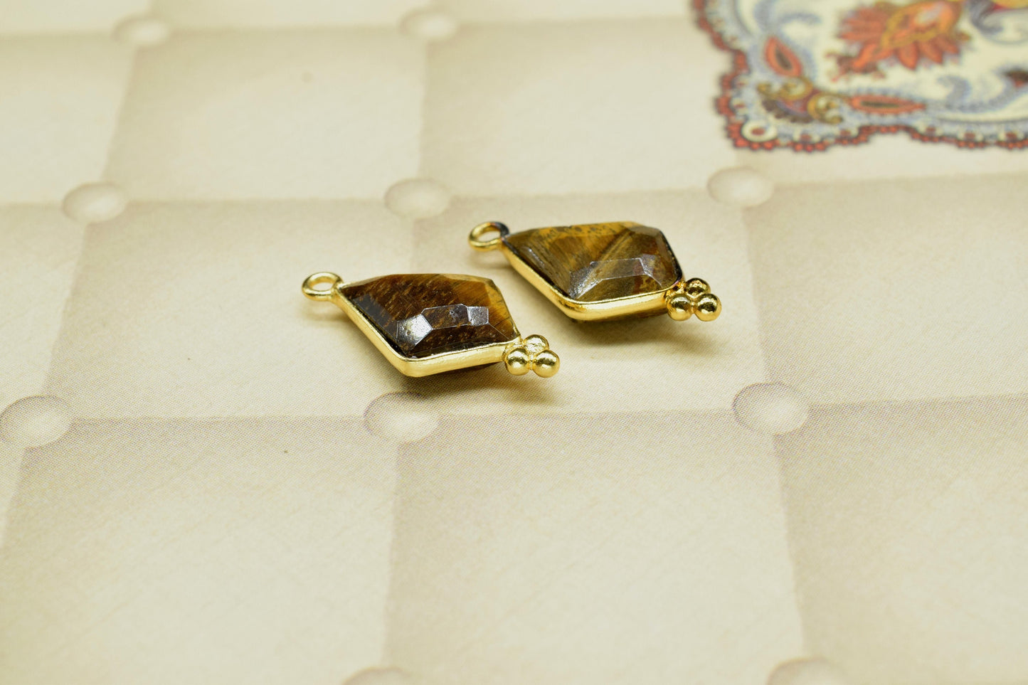 Tiger Eye Gold Plating single bail Pendant,Tiger Eye charms Pendant Jewelry Making,Tiger Eye Gemstone 10x15mm Diamond Shape connector,Gift