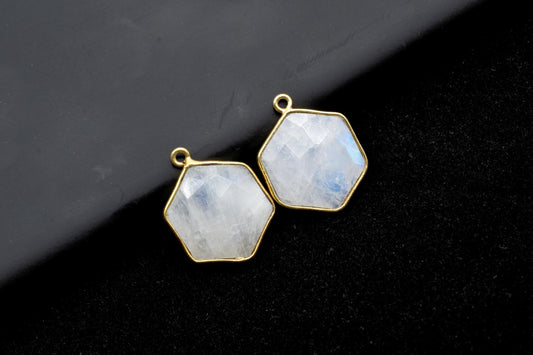 Moonstone 16mm Hexagon shape single loop connectors,Moonstone Pendant,White Rainbow bezel link,Gemstone Hexagonal Cone Charm,Minimal Stone