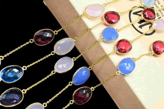 Multi Stone Gold Plated Gemstone Bezel Connector Chain,Gemstone Bezel Chain,Connector Link Chain,Multi Stone Bezels Jewelry,Oval Shape Chain