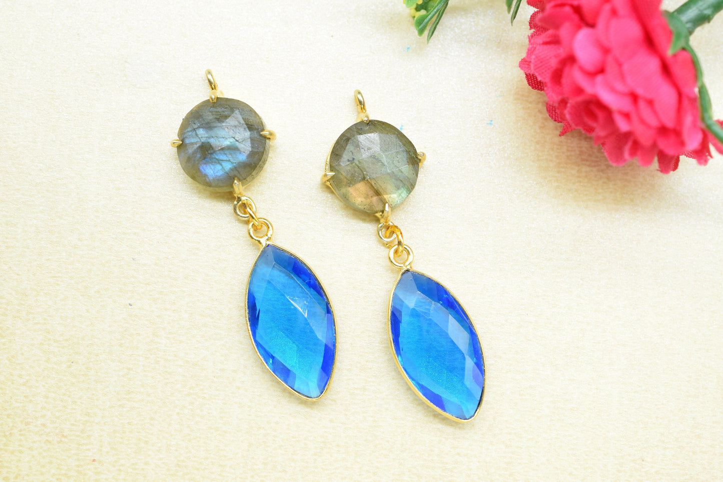 Labradorite Prong Bezel Charms Connector/Blue Topaz Jewelry/Earring Connector/Station Bezel Link Pendant/Handmade Jewelry/Women Jewelry/Gift