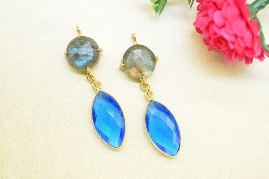 Labradorite Prong Bezel Charms Connector/Blue Topaz Jewelry/Earring Connector/Station Bezel Link Pendant/Handmade Jewelry/Women Jewelry/Gift