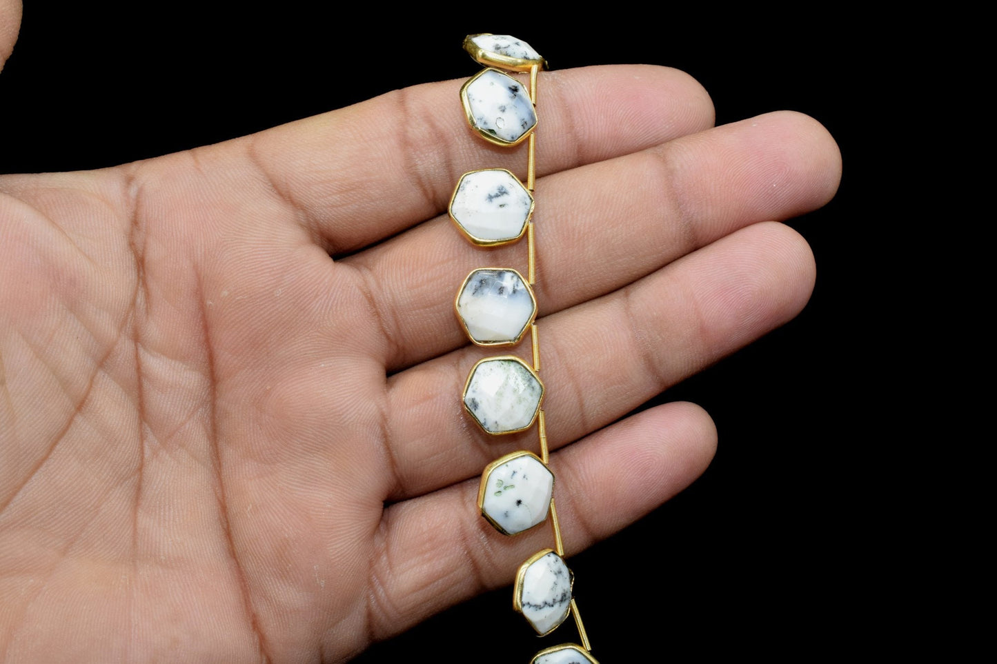 Dendrite Opal 10mm Faceted Hexagon Shape Single Bail Connector strand,Dendrite Opal Brass connectors,Opal Hexagon Pendant,