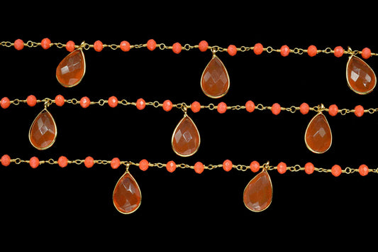 Carnelian 8x12mm Teardrop Shape Bezels Chain,Carnelian Beads Faceted Chain,Carnelian Beads Handmade Bezels Link Jewelry,Jewelry Making Chain