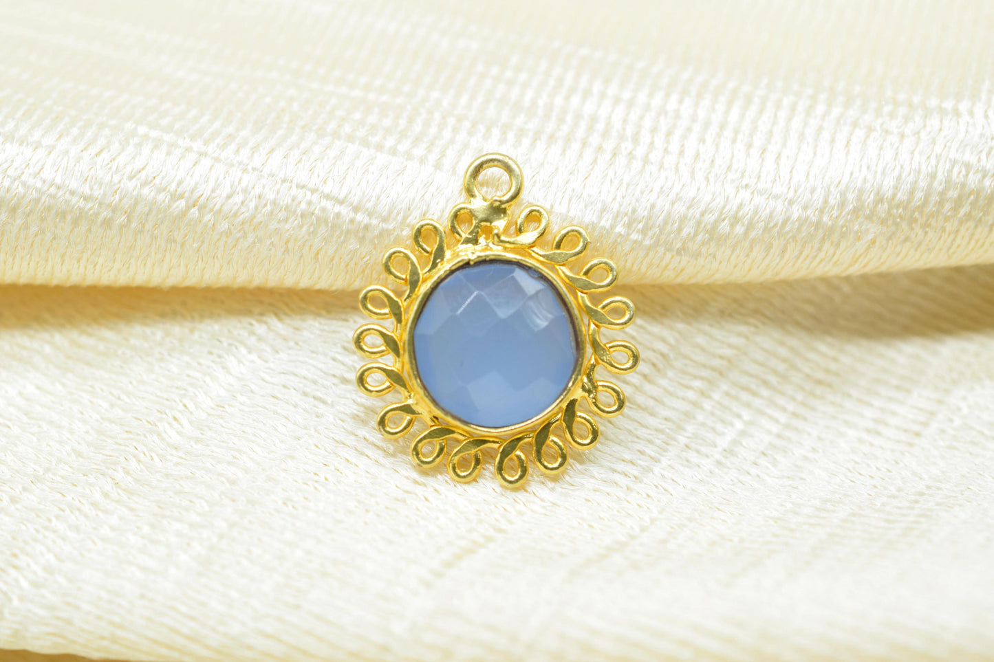 Blue Chalcedony 10mm Round Bezel Charm,Gemstone Brass Component,Single Bail Pendant,Round Faceted charms,Handmade Jewellery Connector,Gift