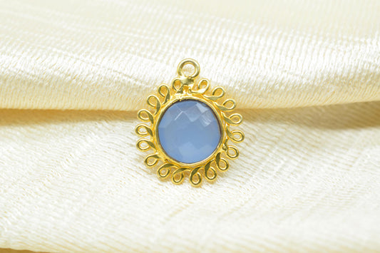 Blue Chalcedony 10mm Round Bezel Charm,Gemstone Brass Component,Single Bail Pendant,Round Faceted charms,Handmade Jewellery Connector,Gift