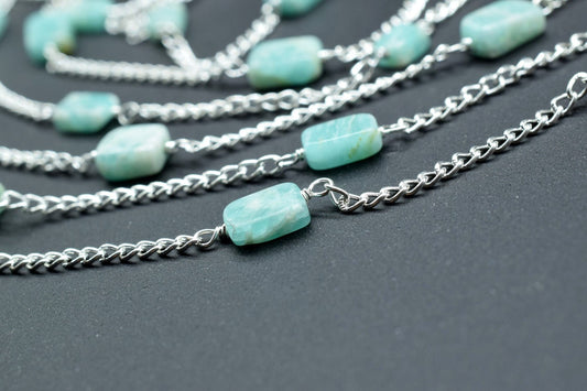 Amazonite slice Beaded Chain,Beaded Rosary Chain,Wrapped Brass Wire,Necklace,Bracelet,Handmade Jewelry, Finding Necklace,rough stone rosary