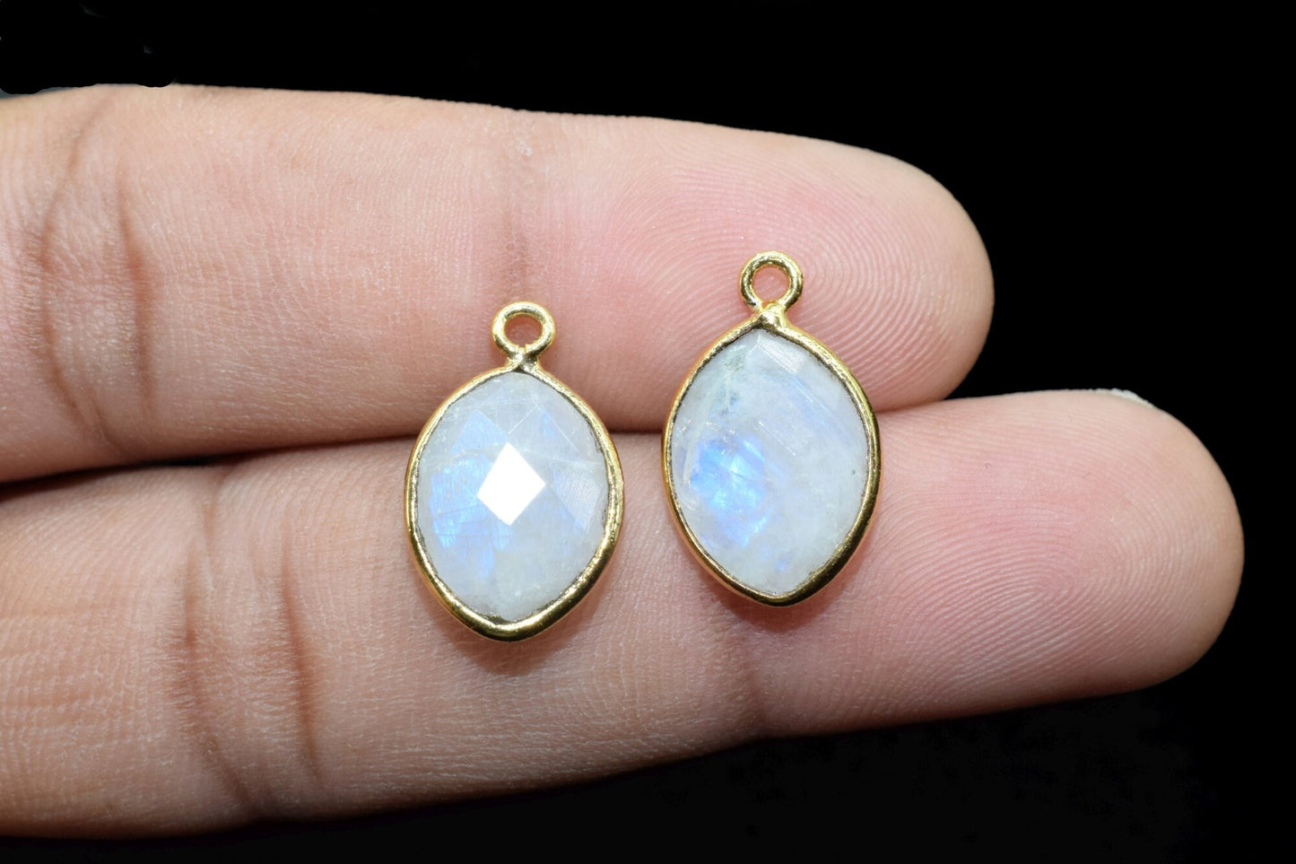 Moonstone 10x13mm Eye shape single loop connectors,Moonstone Pendants,White Rainbow bezel links,Gemstone fancy shape Charms,Minimal Stones